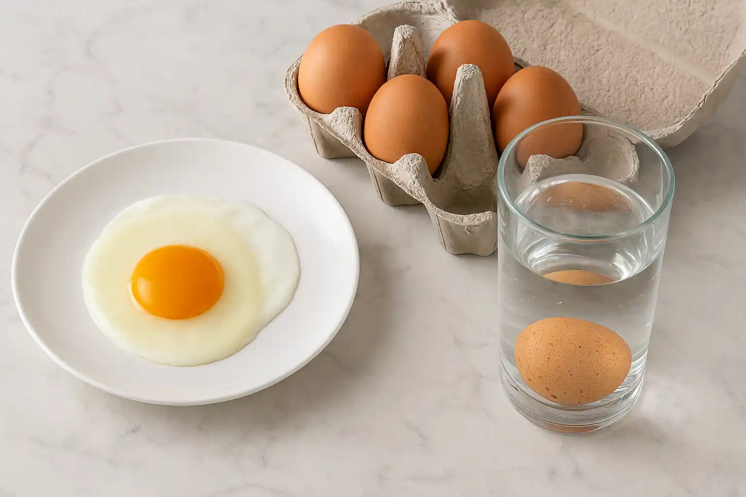Egg freshness test with submerged egg in water, cracked egg on plate, and carton of brown eggs on marble countertop