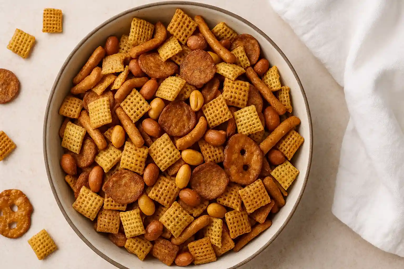 Homemade Chex Party Mix in a white ceramic bowl featuring Rice Chex, Corn Chex, pretzels, peanuts, and breadsticks on a beige textured background