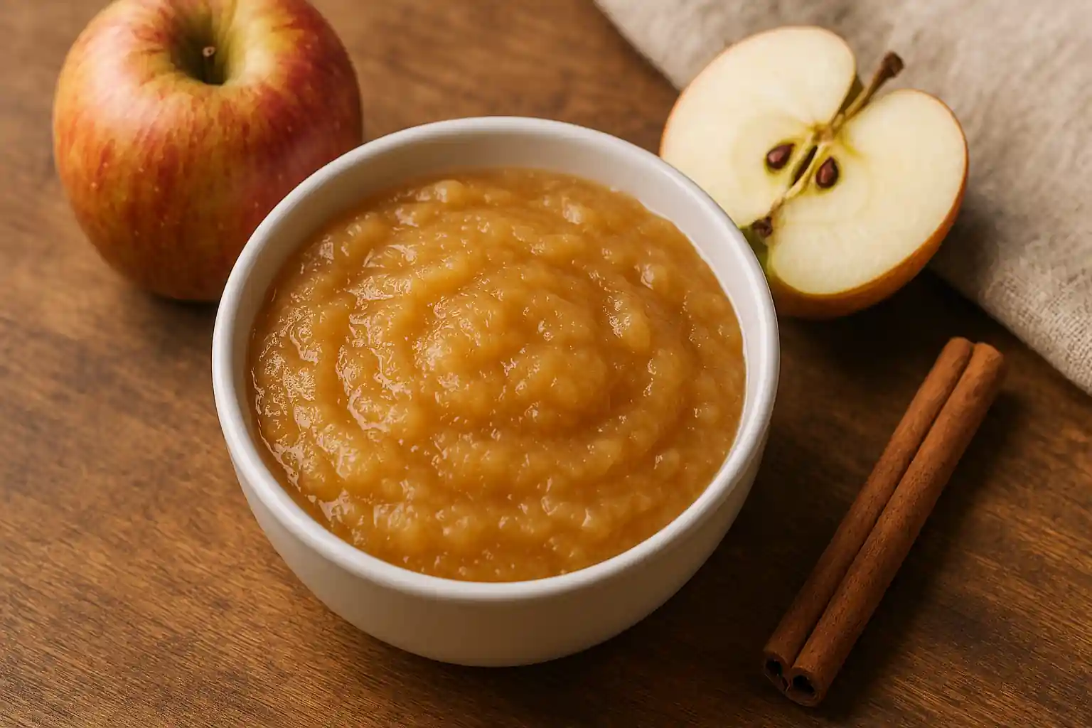Homemade applesauce in a white bowl with fresh apples and cinnamon sticks on a rustic wooden surface