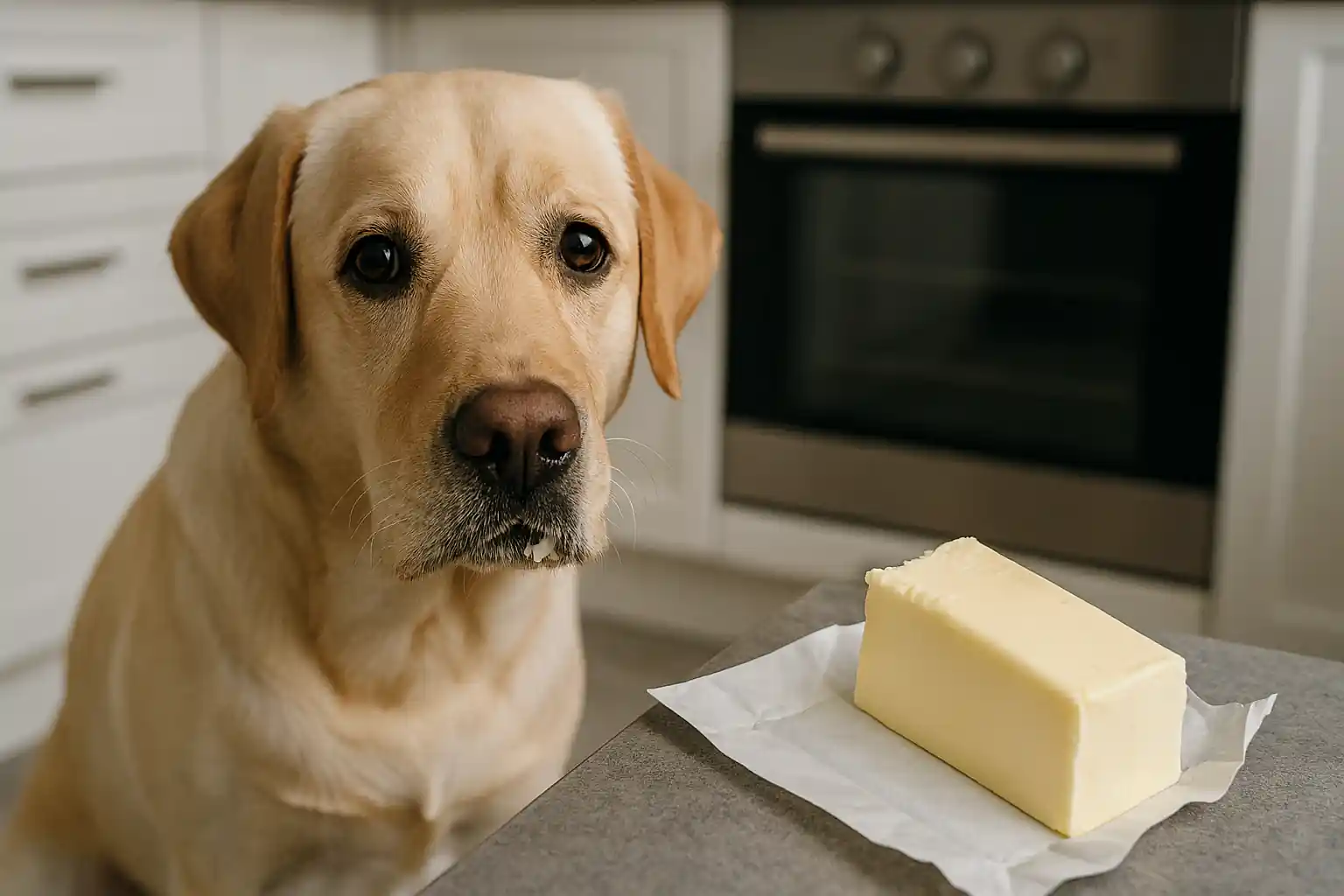 Golden retriever looking guilty beside an empty butter wrapper on a kitchen floor