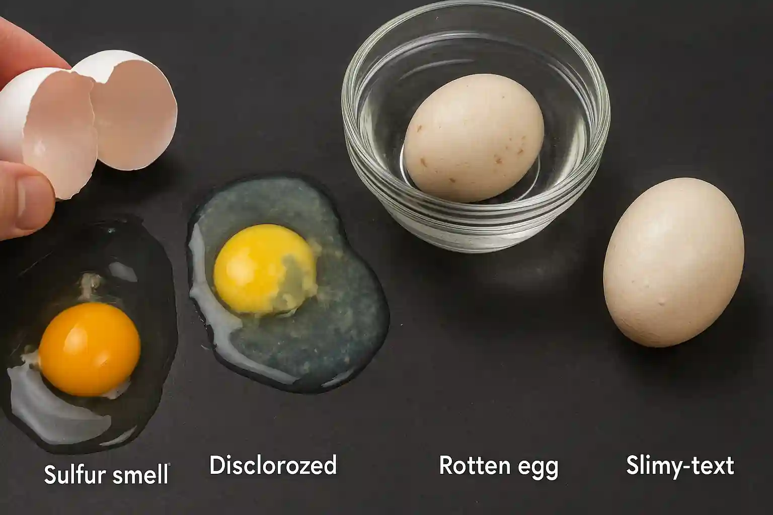 Realistic visual showing signs of a spoiled egg: cracked egg with sulfur smell, discolored yolk and white, floating egg in water, slimy and chalky shell texture.