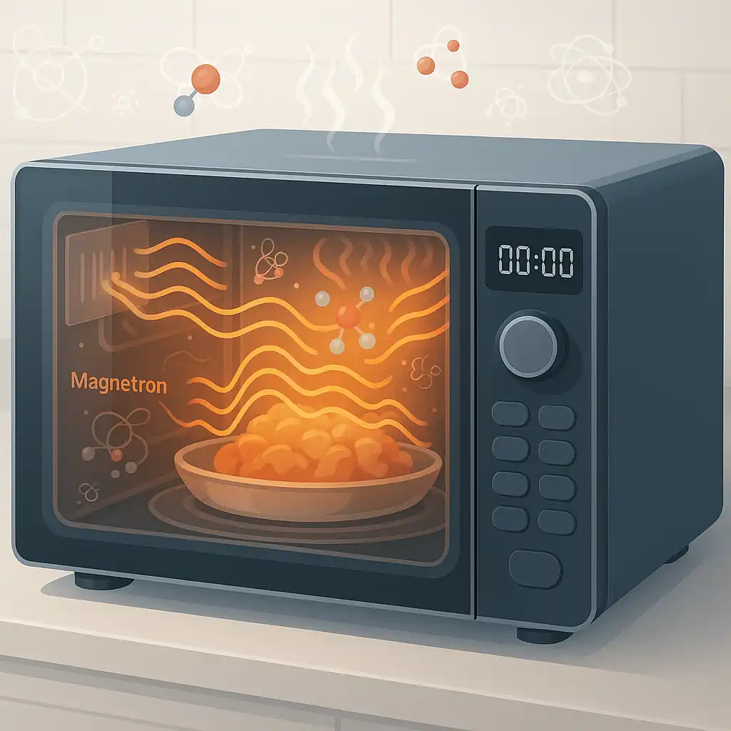 Scientific illustration of a semi-transparent microwave oven showing electromagnetic waves from a magnetron interacting with food molecules and generating heat.