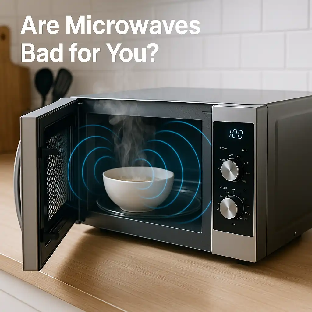 Modern microwave oven in a clean kitchen with door slightly open; steam rising from a ceramic bowl inside, with blue radiation wave overlays suggesting heating. Text overlay reads "Are Microwaves Bad for You?"