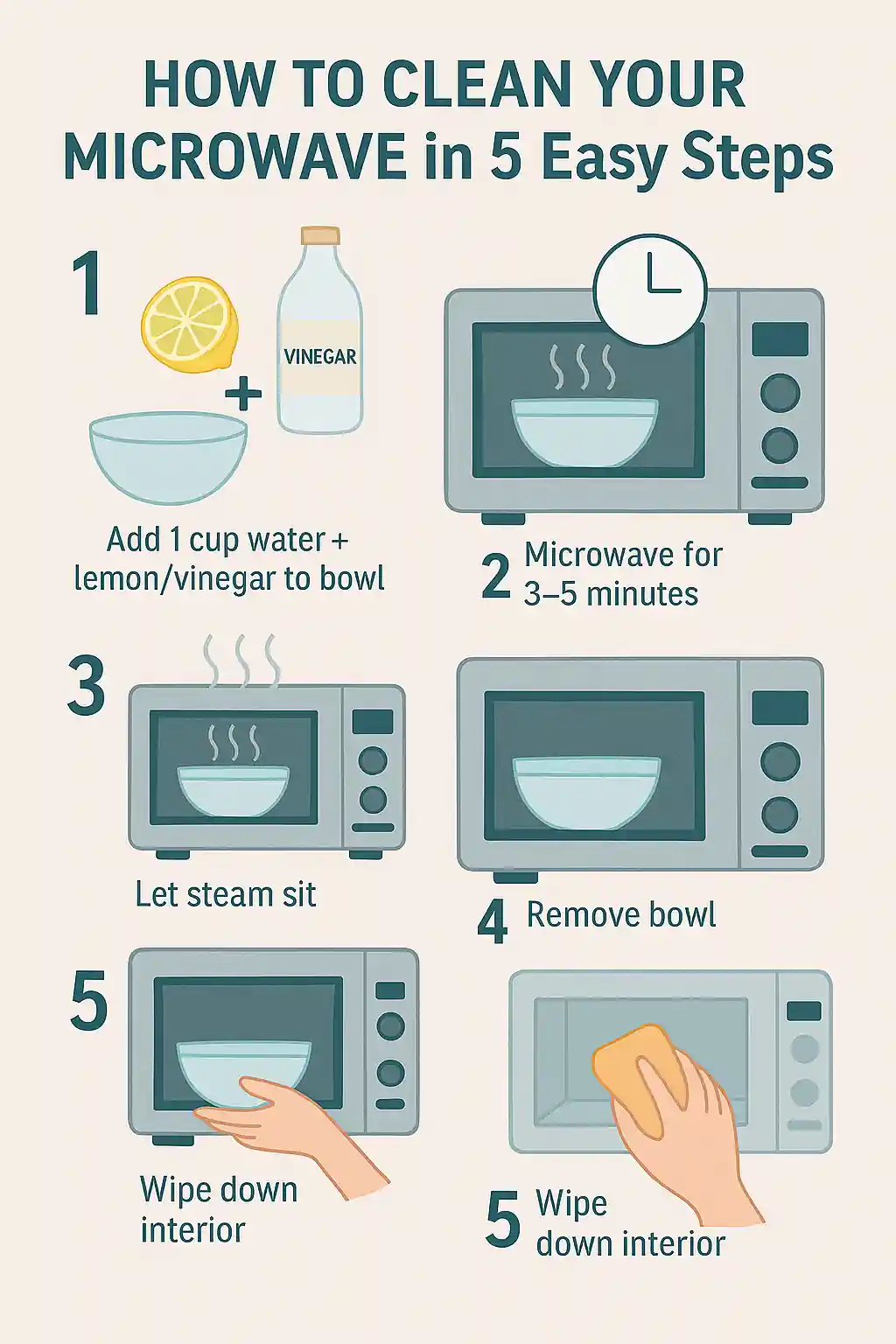 How to Clean a Microwave: Fast, Natural Methods Using Lemon, Vinegar & Steam 2 Infographic showing five illustrated steps to steam-clean a microwave using lemon or vinegar. Features pastel visuals of a microwave-safe bowl, lemon slices, vinegar bottle, microwave, clock, rising steam, hand removing bowl, and wiping with a sponge inside a microwave. Includes clear numbered steps and soft kitchen-themed colors.