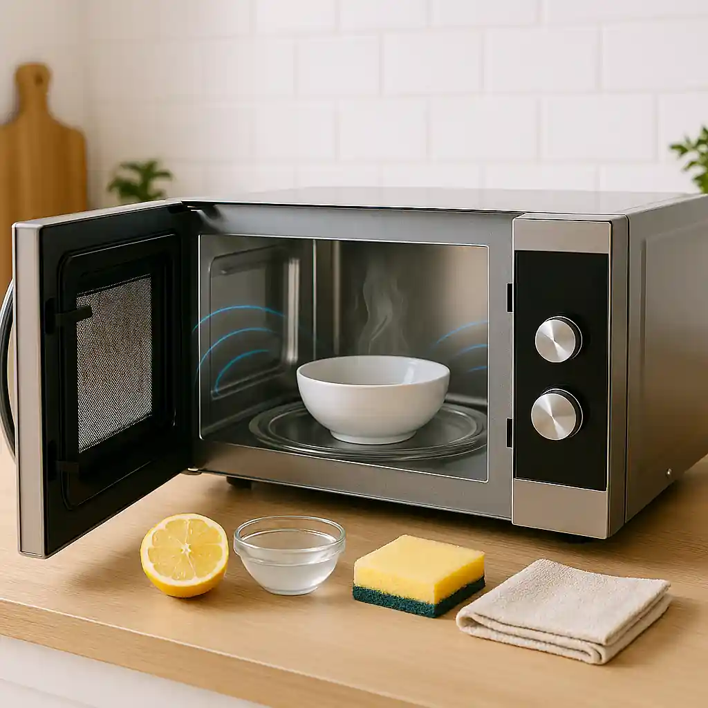 Open stainless steel microwave in a clean, modern kitchen; sparkling interior with lemon, vinegar bowl, sponge, and cloth on countertop under warm natural light.