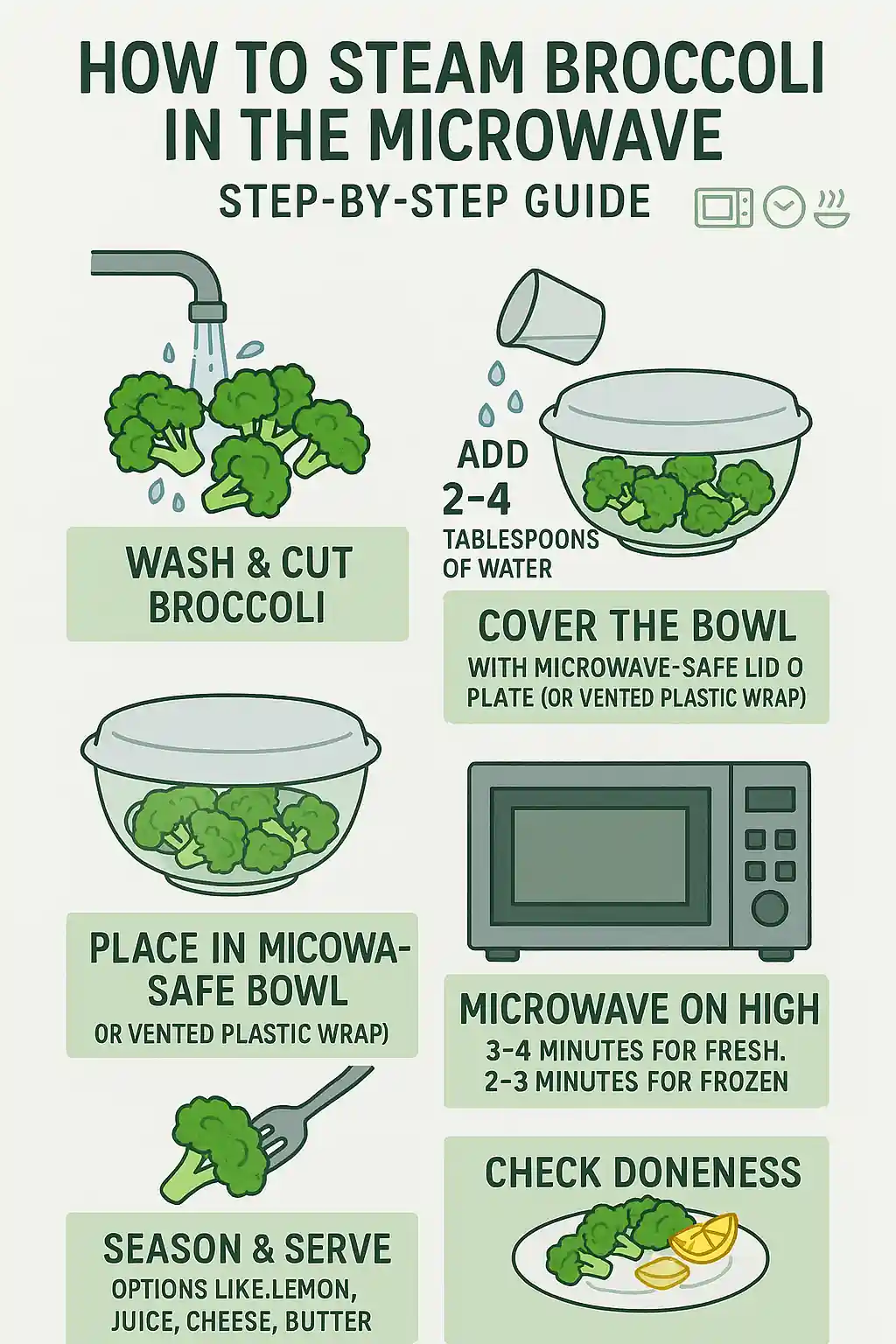 Step-by-step infographic showing how to steam broccoli in the microwave, featuring five illustrated steps: washing, placing in a bowl, covering, microwaving, and seasoning. Includes icons for microwave, bowl, steam, and timer in a green-accented, vertical layout.