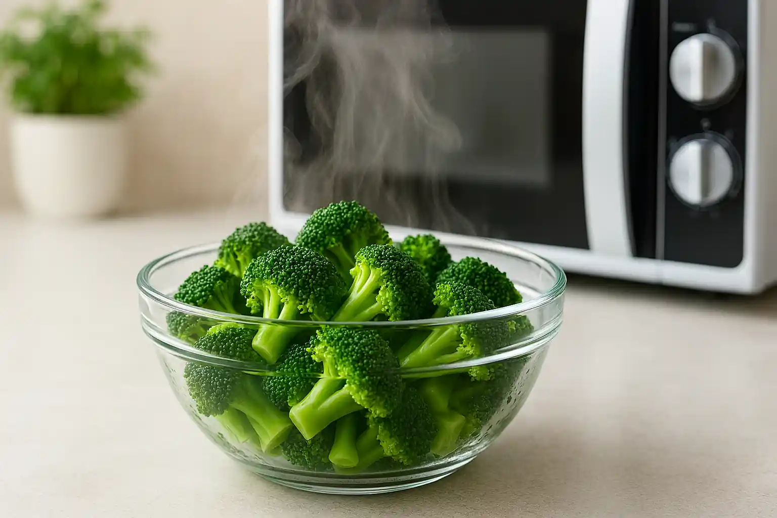 Freshly steamed broccoli in a clear glass bowl with visible steam, sitting on a countertop outside a modern microwave, with bright lighting and a neutral kitchen background.
