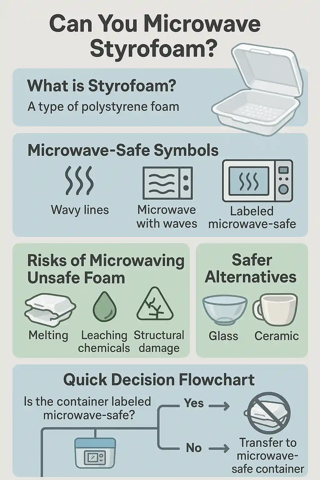 Infographic showing the risks and guidelines for microwaving Styrofoam. Includes polystyrene definition, microwave-safe icons, hazard visuals, alternative container suggestions, and a decision flowchart in light blue, green, and gray tones.