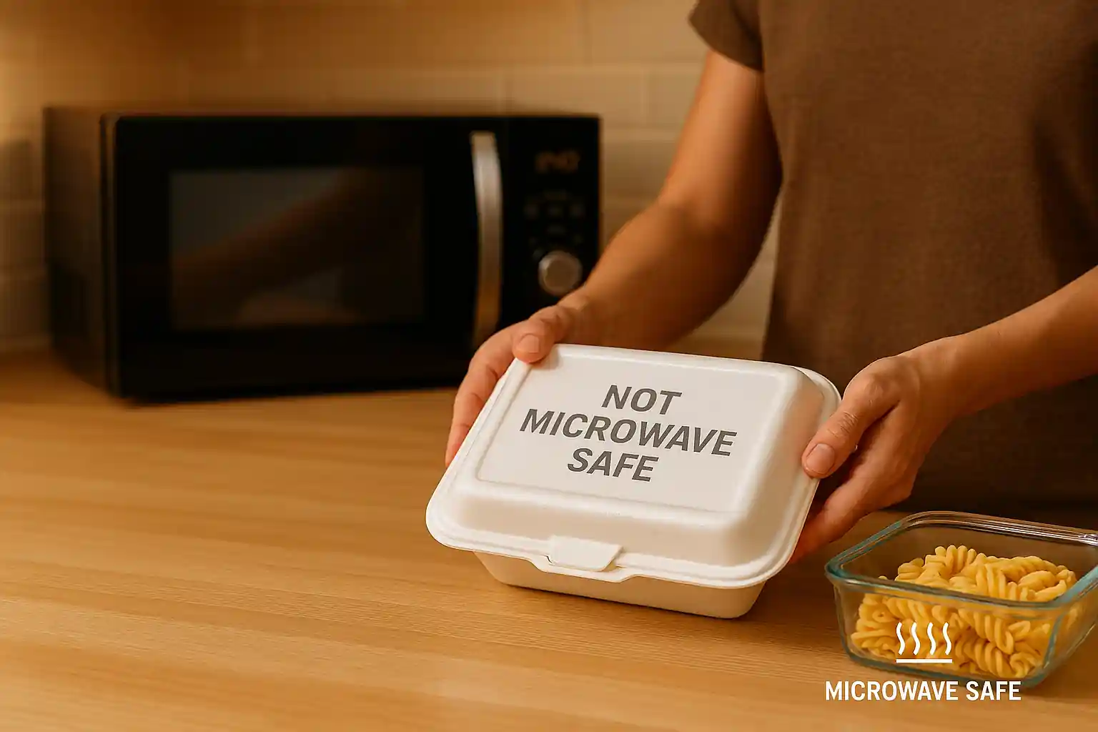 Person holding a foam takeout container labeled “Not Microwave Safe” beside a microwave-safe glass dish with wavy lines icon, set in a warmly lit modern kitchen.