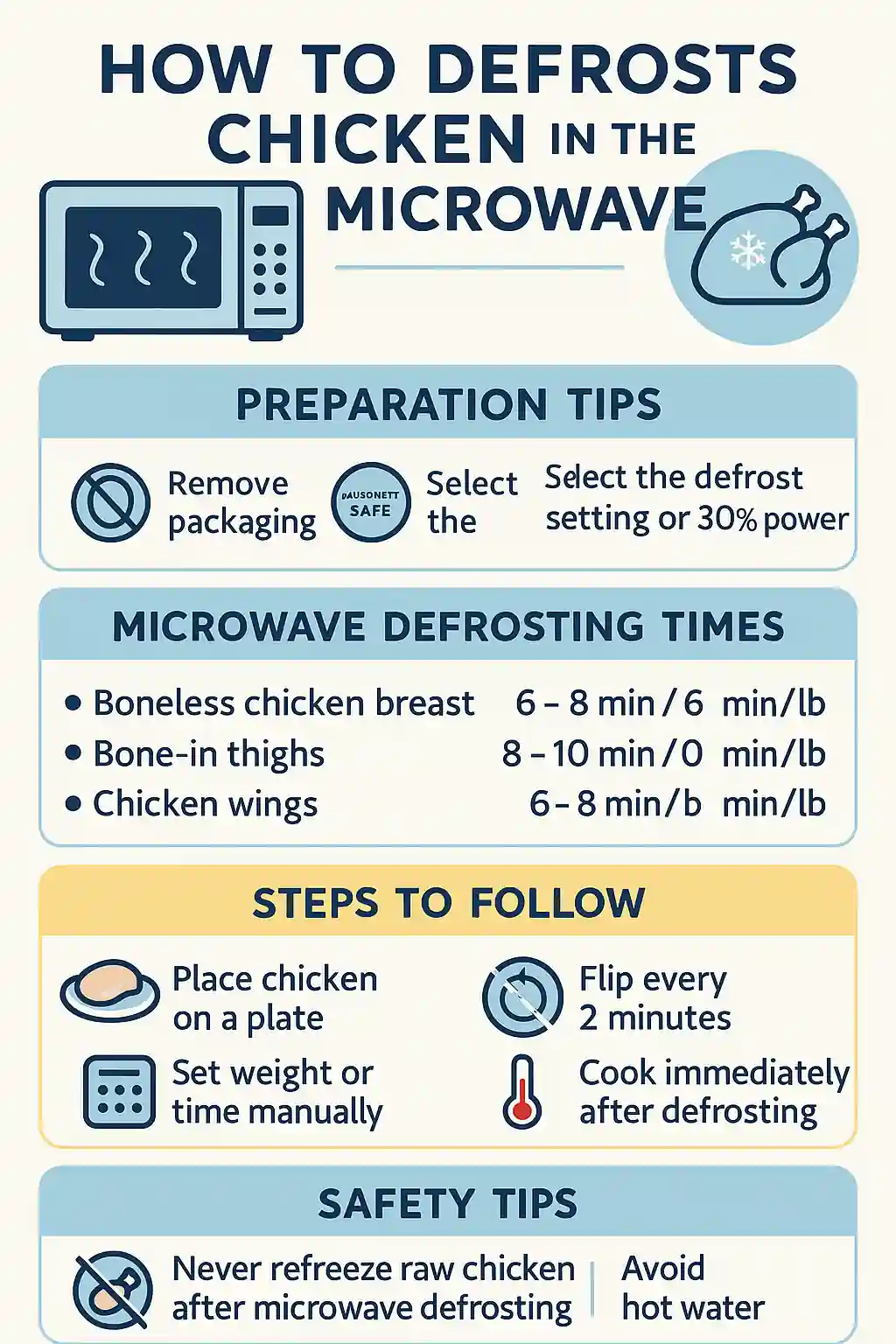 How to Defrost Chicken in the Microwave Quickly and Safely at Home 2 Infographic showing microwave chicken defrosting steps, with icons and tips in a clean vertical layout using light blue, white, and soft yellow colors.