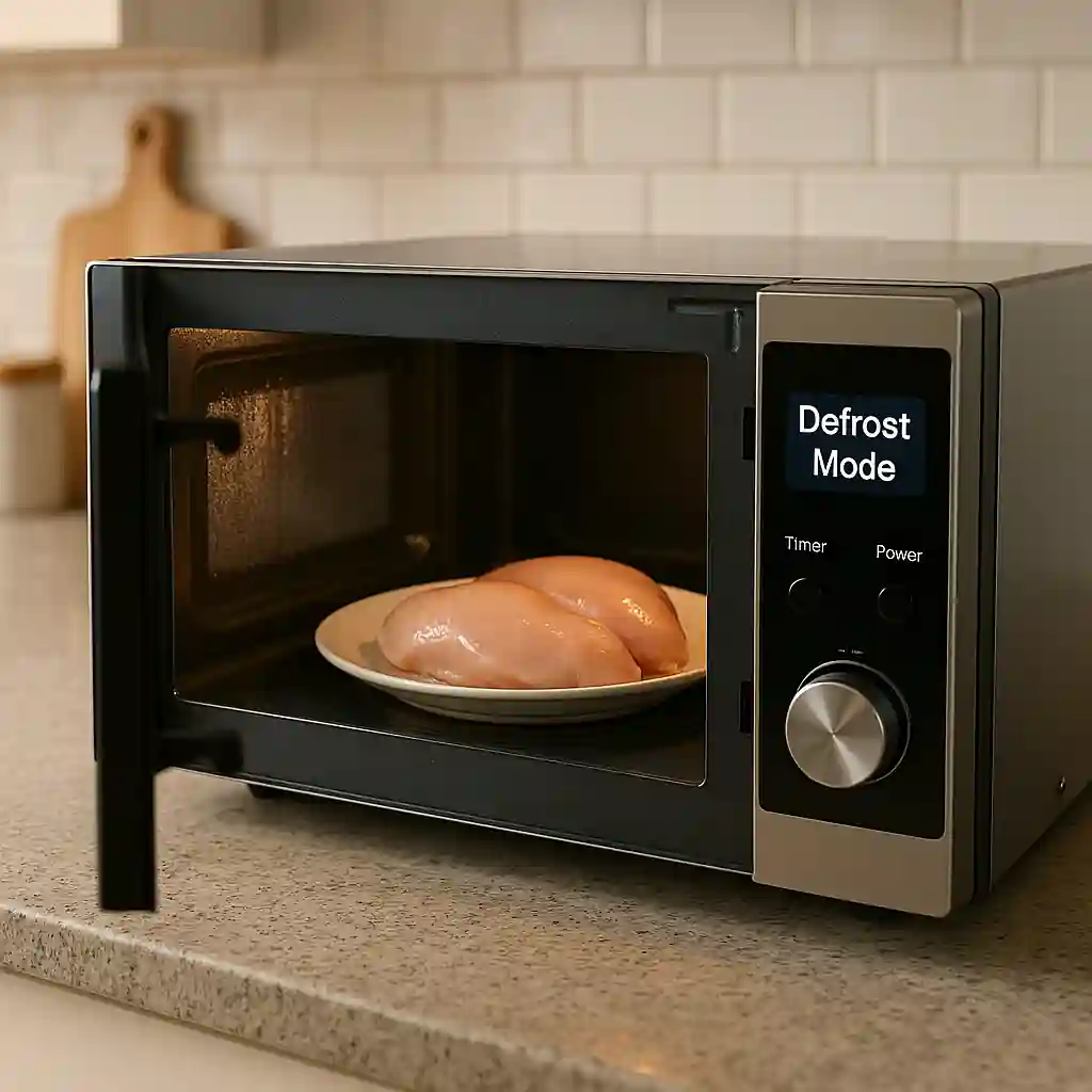 Modern microwave on a clean kitchen counter with raw chicken breasts on a plate inside; door ajar, steam visible on window, digital display set to “Defrost Mode.”