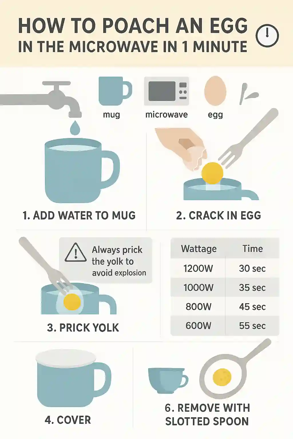 How to Poach an Egg in the Microwave in 1 Minute: Easy Step-by-Step Guide 2 Digital infographic titled "How to Poach an Egg in the Microwave in 1 Minute," featuring step-by-step illustrations with a pastel palette. Shows a mug with water, cracked egg, pricked yolk, microwave process, and removal using a slotted spoon. Includes icons for time, wattage, and tools, plus a safety tip.