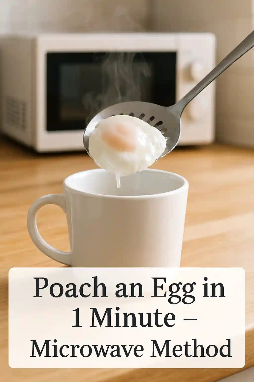 Freshly poached egg lifted from a white ceramic mug with a slotted spoon, steam rising, on a cozy kitchen counter with a blurred microwave in the background.
