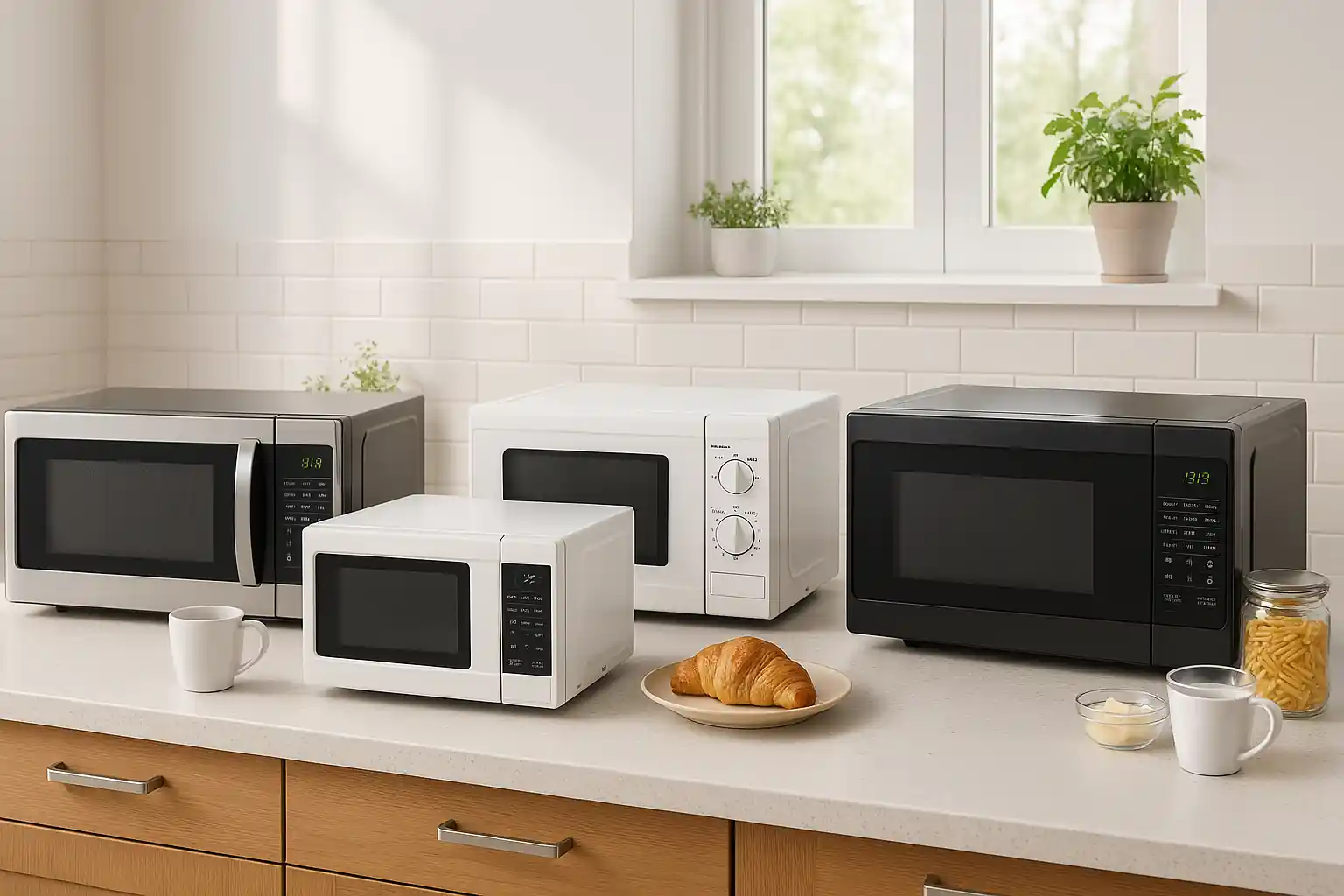 A modern kitchen countertop featuring three styles of microwave ovens—stainless steel, compact, and large family-sized—surrounded by mugs, plates, and cooking ingredients, all set in a clean, bright, and welcoming environment.