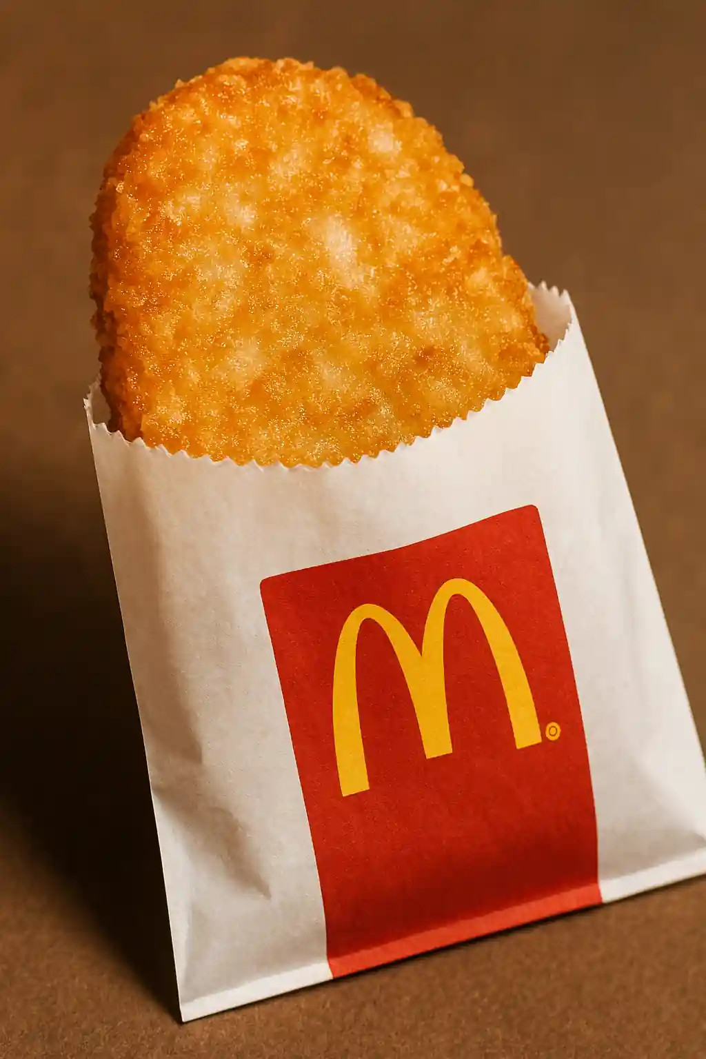 Close-up of a golden, crispy McDonald's hash brown in its branded paper sleeve, highlighting texture and iconic logo.