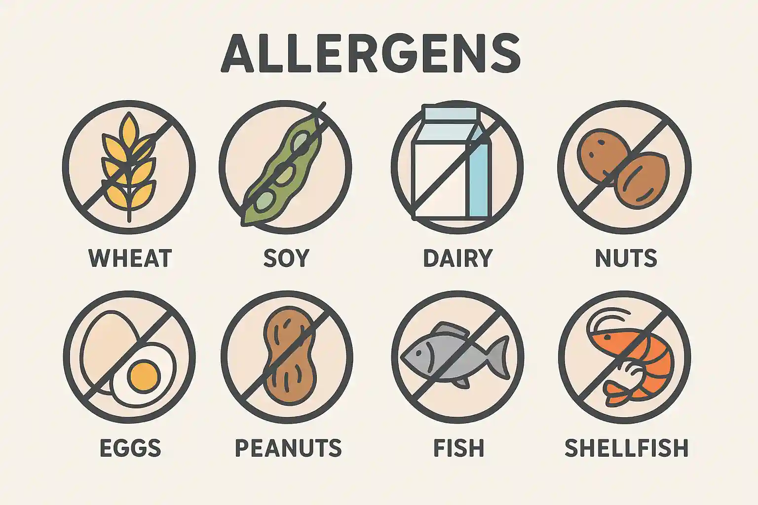 Infographic showing icons of eight common food allergens: wheat, soy, dairy, nuts, eggs, peanuts, fish, and shellfish, each crossed out with a red line to indicate restriction.