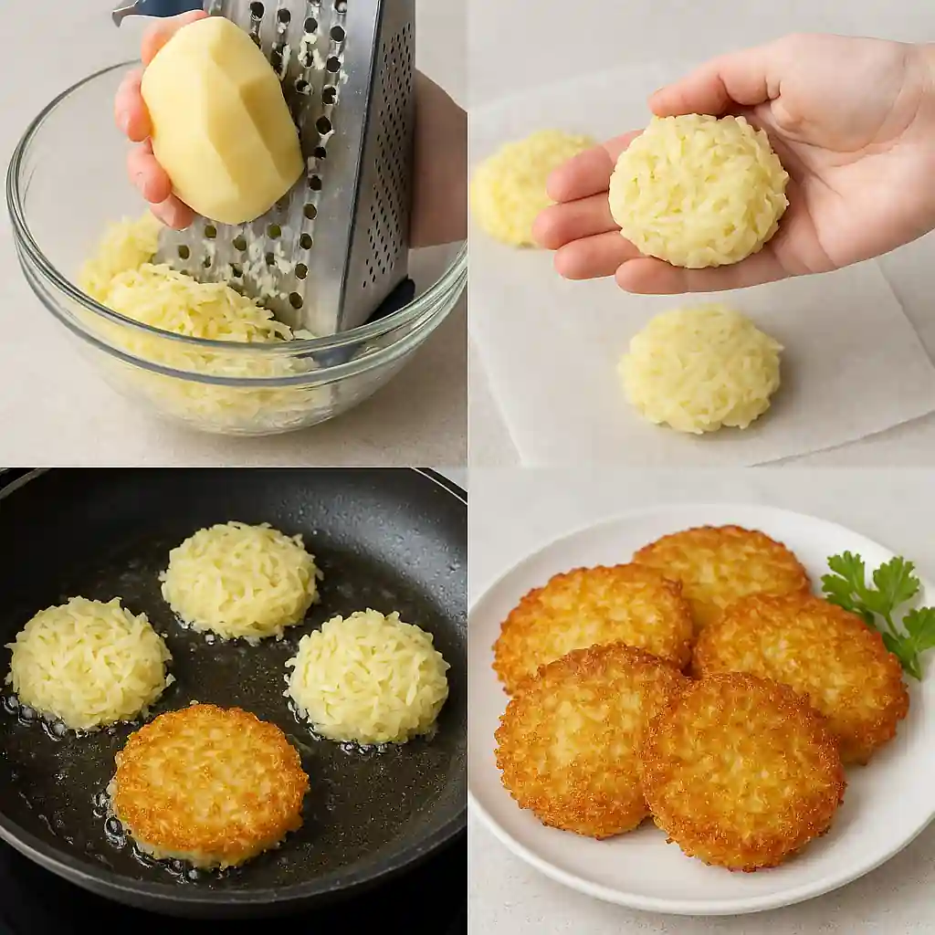 Step-by-step process of making crispy potato patties: grating potatoes, shaping patties, frying in a skillet, and serving golden brown pancakes on a plate with parsley garnish