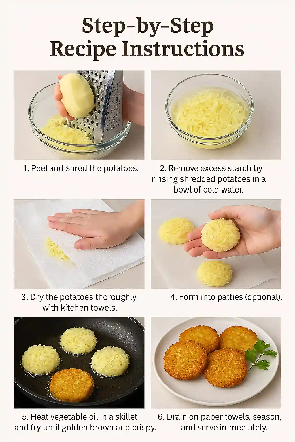 Step-by-step visual guide for making homemade hash browns: peeling and shredding potatoes, rinsing in cold water, drying with towels, forming patties, frying in a skillet, and serving golden brown hash browns on a plate.