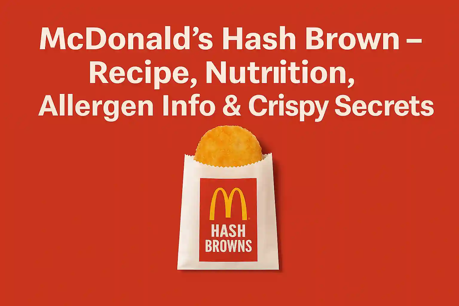 McDonald's Hash Brown in branded sleeve on red background with article title about recipe, nutrition, allergens, and crispy tips