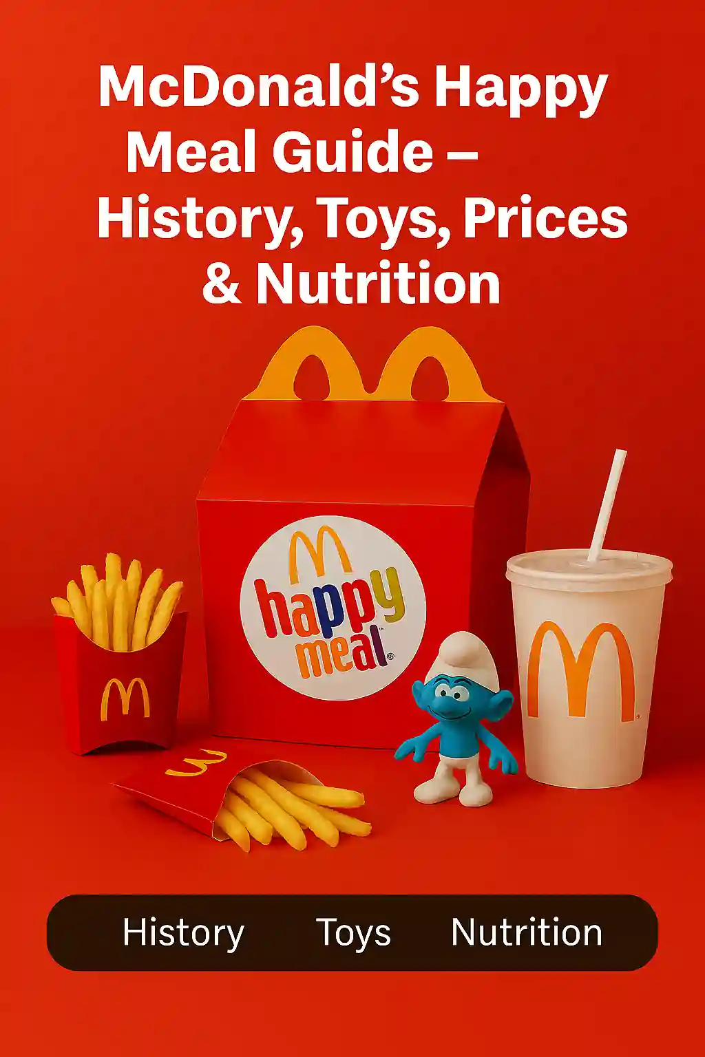 McDonald's Happy Meal box with classic toy, fries, and drink on red background highlighting history, toy lineup, pricing, and nutrition guide