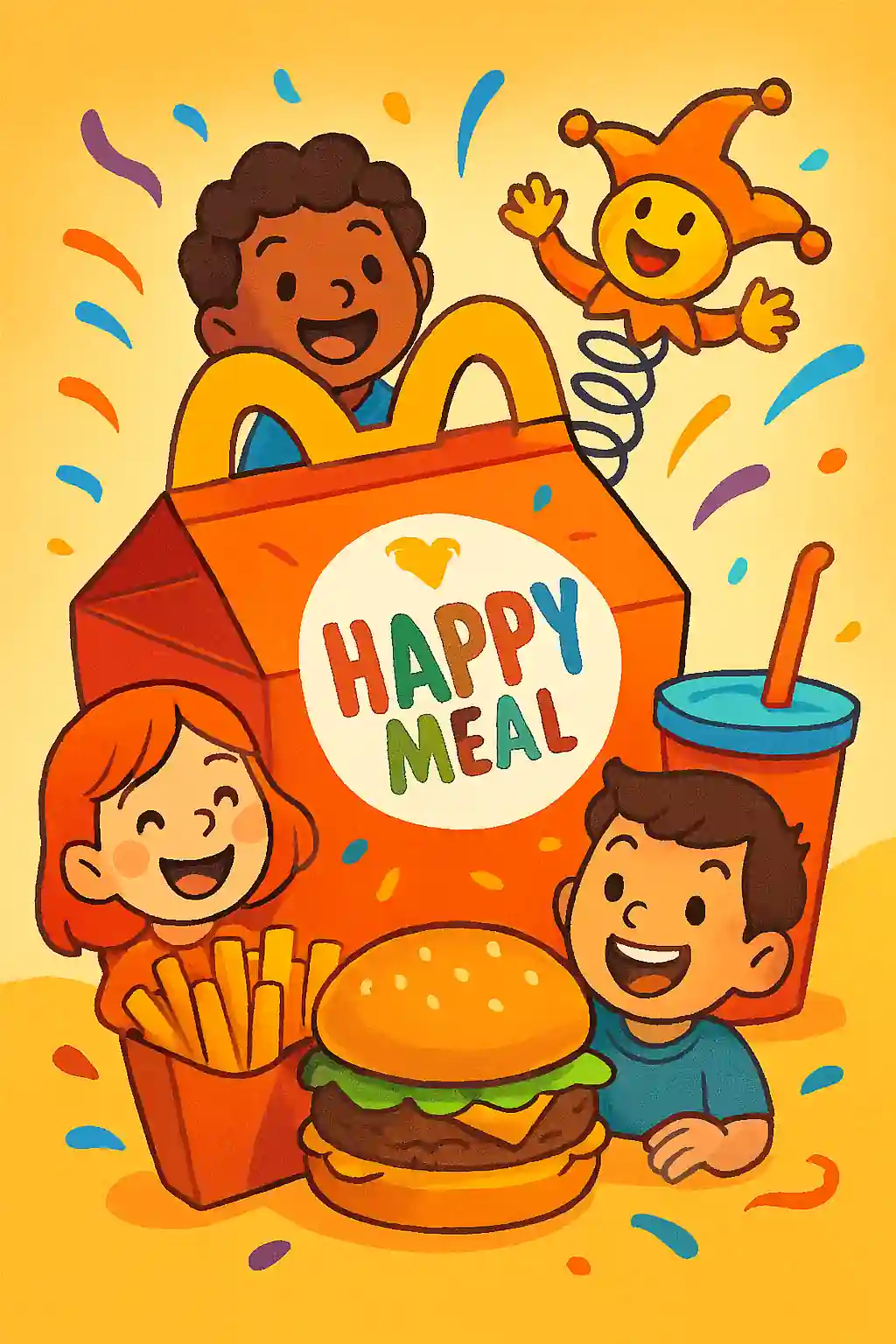 Colorful Happy Meal box with smiling kids, playful toy, and classic fast-food items like burger, fries, and drink in a vibrant, family-friendly illustration.