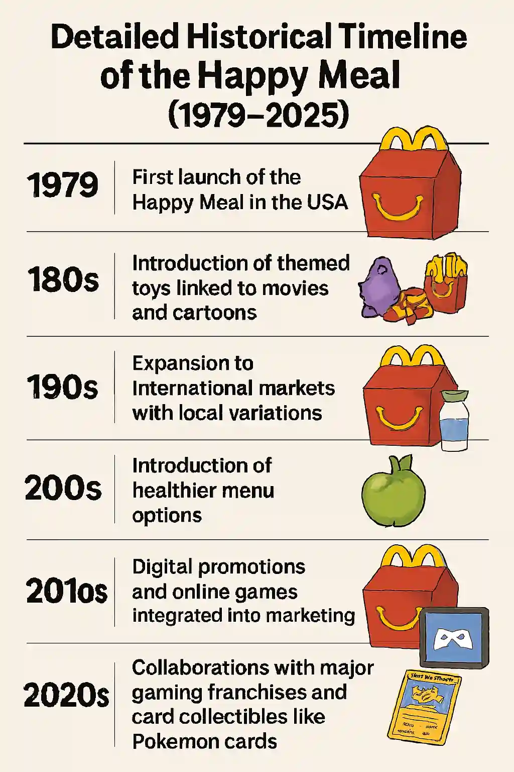 Infographic showing the historical timeline of McDonald's Happy Meal from 1979 to 2025, highlighting key milestones like toy themes, international expansion, healthier options, digital promotions, and Pokémon collaborations.