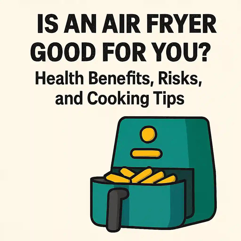 Illustration of a teal air fryer with golden fries and bold text asking “Is an Air Fryer Good for You?”—highlighting health benefits, risks, and cooking tips.