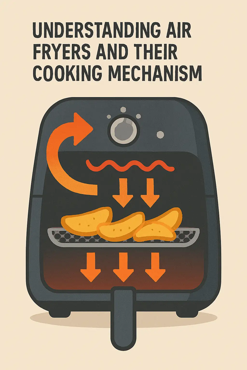 Cross-sectional illustration of an air fryer showing hot air circulation, heating element, and food basket to explain how air fryers cook food using rapid air technology.