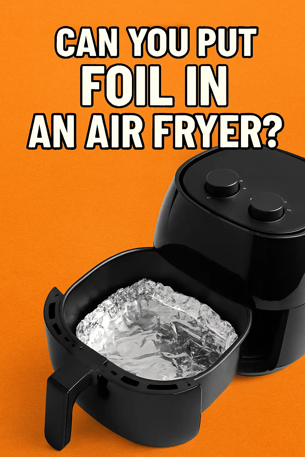 Air fryer basket lined with crinkled aluminum foil, with bold text asking "Can You Put Foil in an Air Fryer?" against a bright orange background.