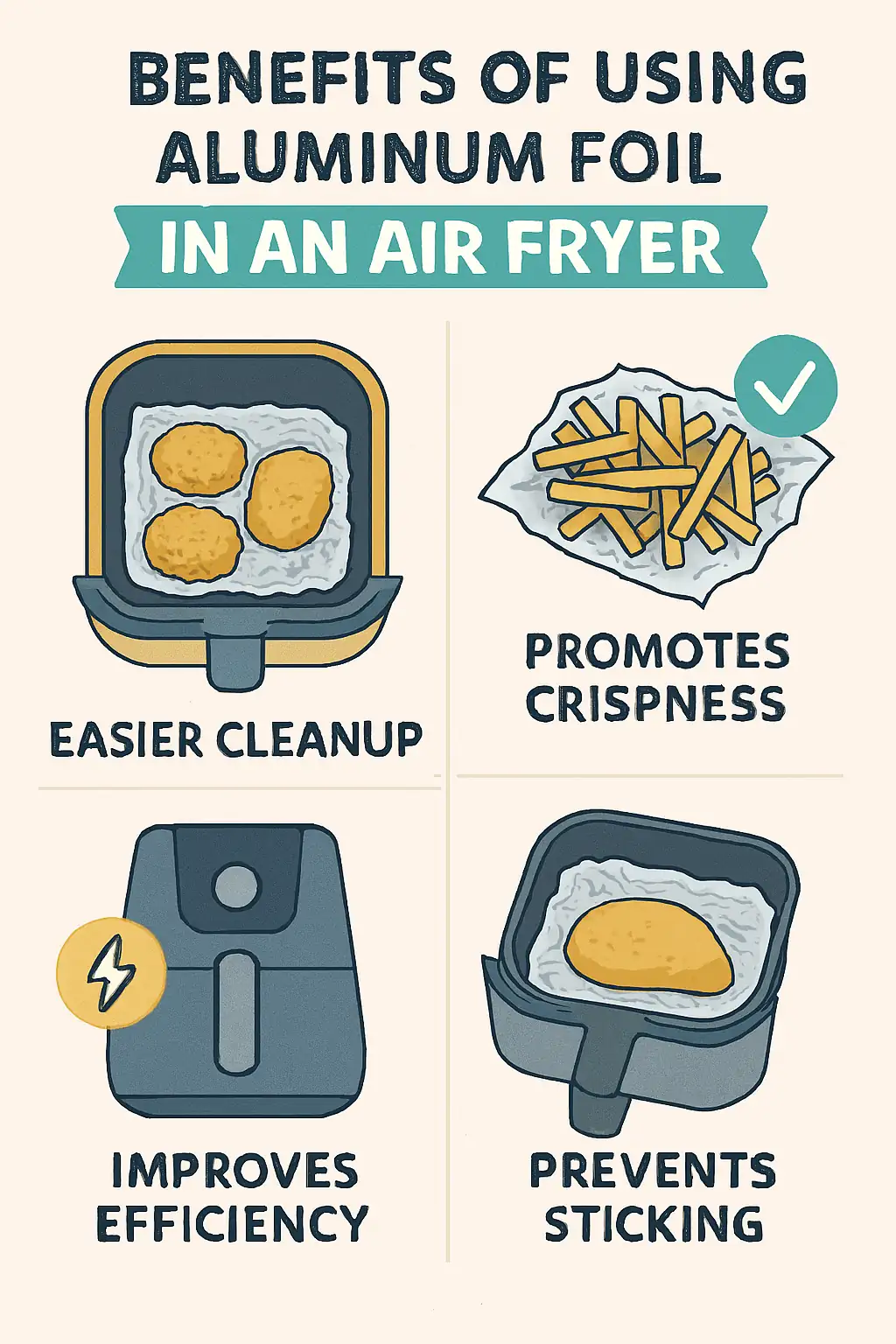 Infographic showing four benefits of using aluminum foil in an air fryer: easier cleanup, promotes crispness, improves efficiency, and prevents sticking, with illustrated food and air fryer icons.