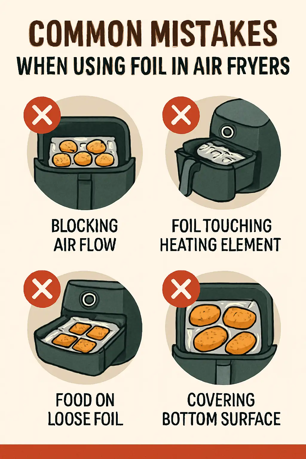 Infographic showing four common mistakes when using aluminum foil in air fryers, including blocking airflow, touching the heating element, using loose foil, and covering the bottom surface.