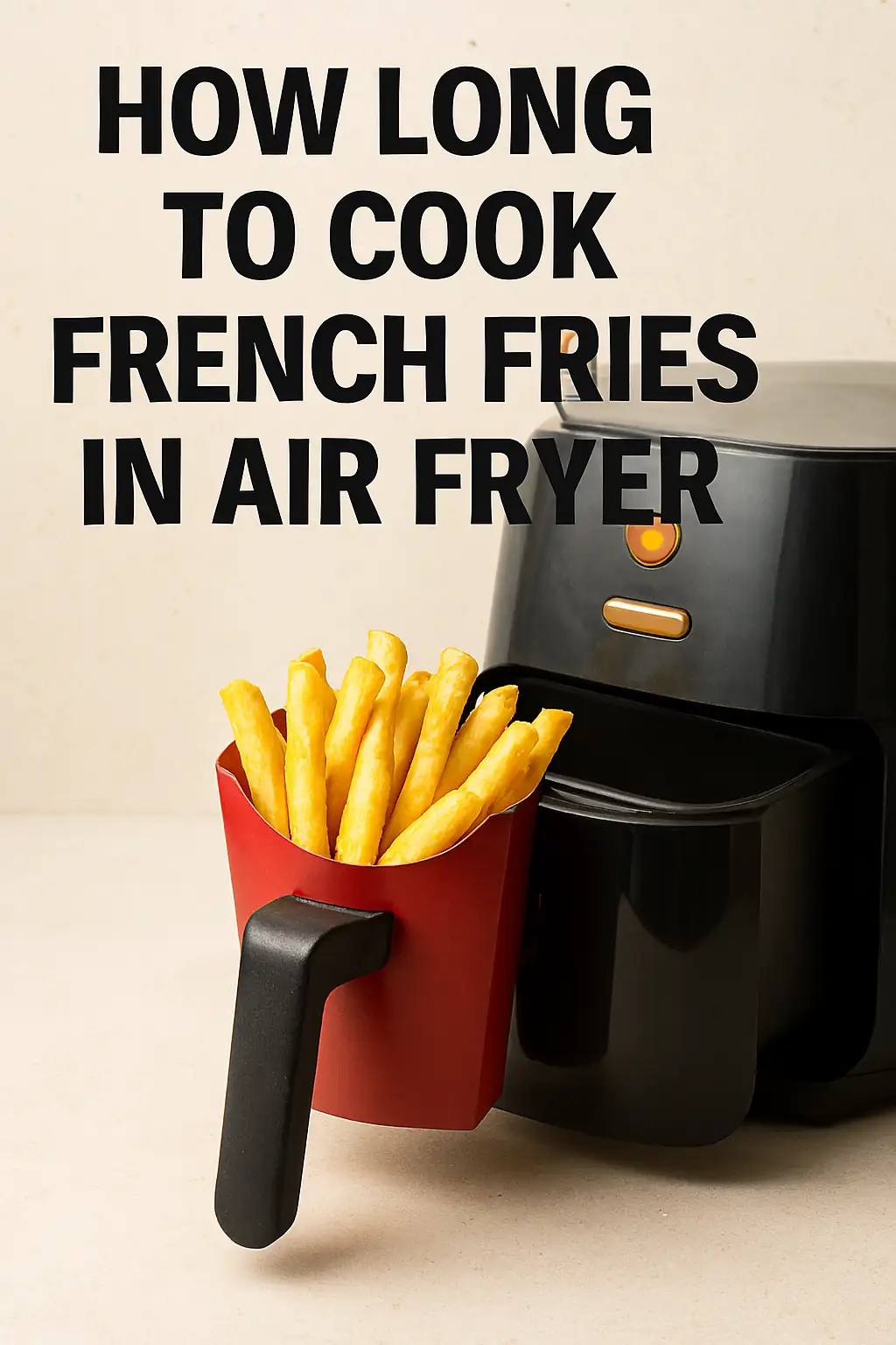 Black air fryer with a red carton of golden French fries in the basket, set against a light textured background with bold cooking time text overlay.