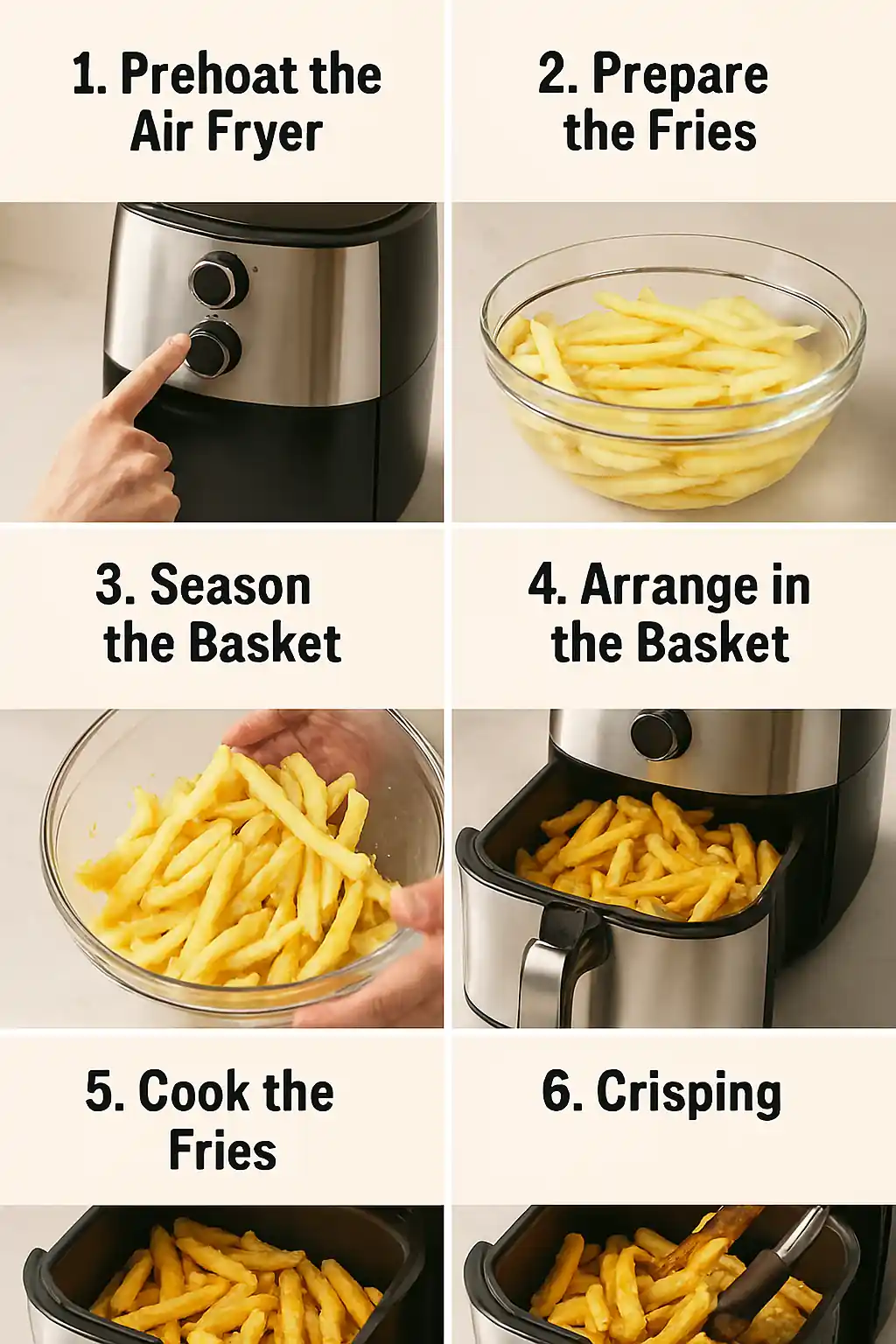Step-by-step photo guide showing how to make crispy French fries in an air fryer, including preheating, soaking potatoes, seasoning, arranging in basket, cooking, and crisping.