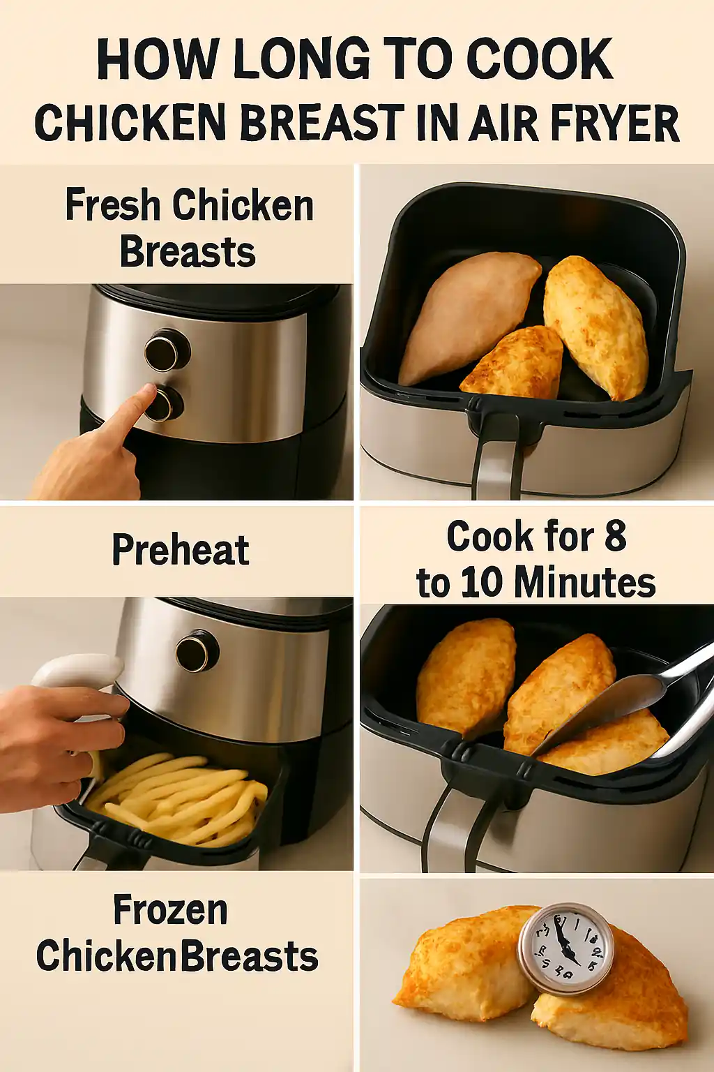 Step-by-step visual guide showing how to cook fresh and frozen chicken breasts in an air fryer, including preheating, placement, flipping, cooking times, and internal temperature check.
