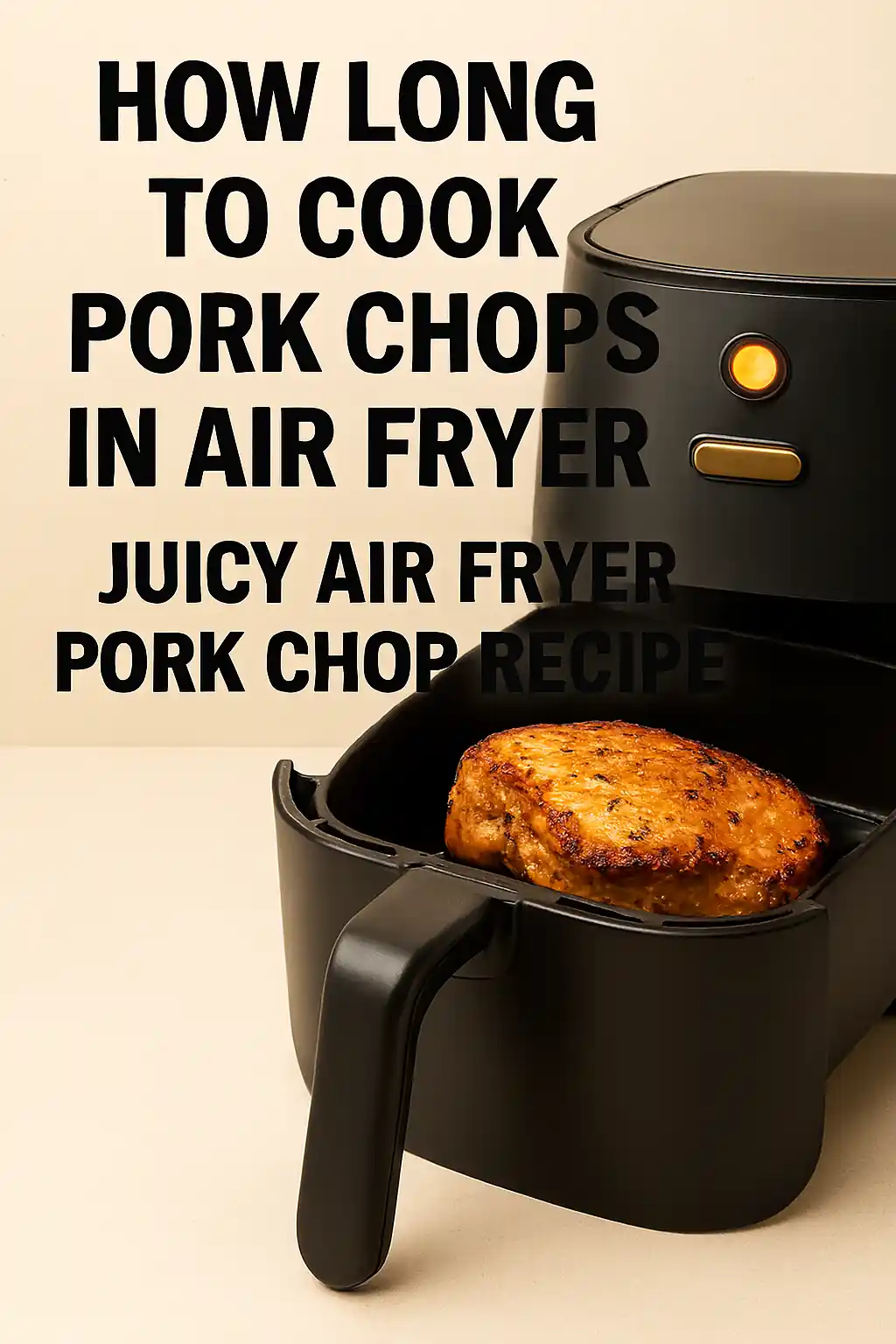 Black air fryer with a golden-brown pork chop inside the open drawer, set against a beige background with bold text overlay about cooking time and juicy air fryer pork chop recipe.