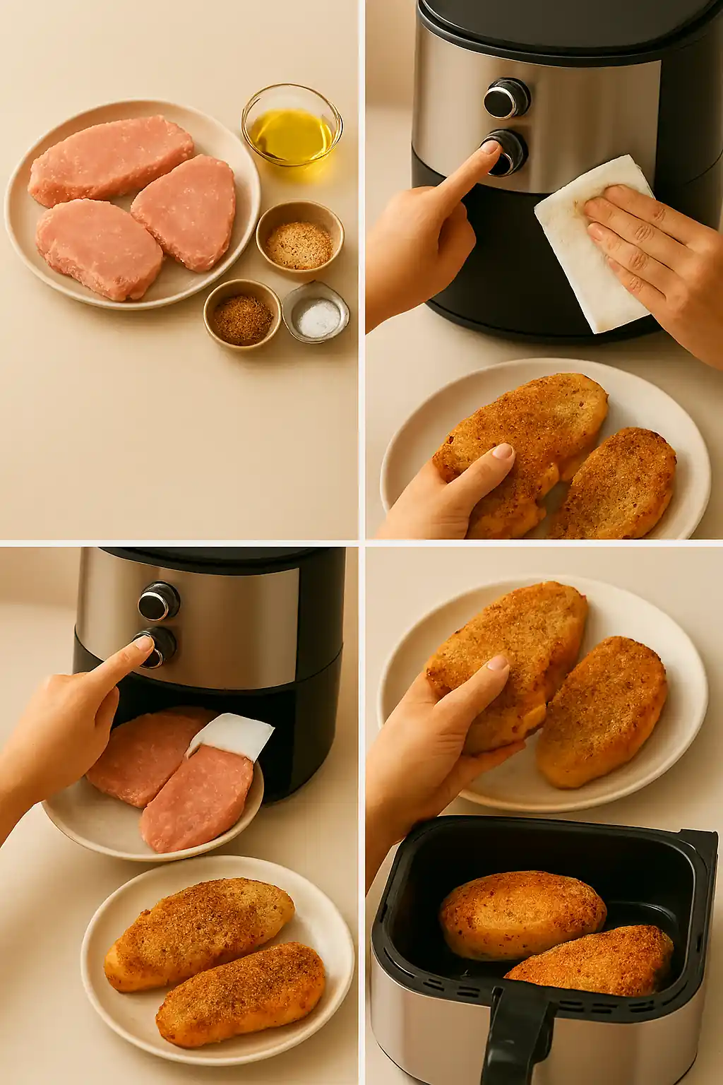 Four-step visual guide showing how to make juicy air fryer pork chops: raw ingredients, preheating and patting dry, seasoning and placing in air fryer, and serving with broccoli.