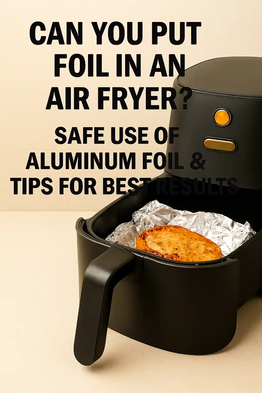 Black air fryer with aluminum foil inside basket, illustrating safe foil usage and cooking tips.