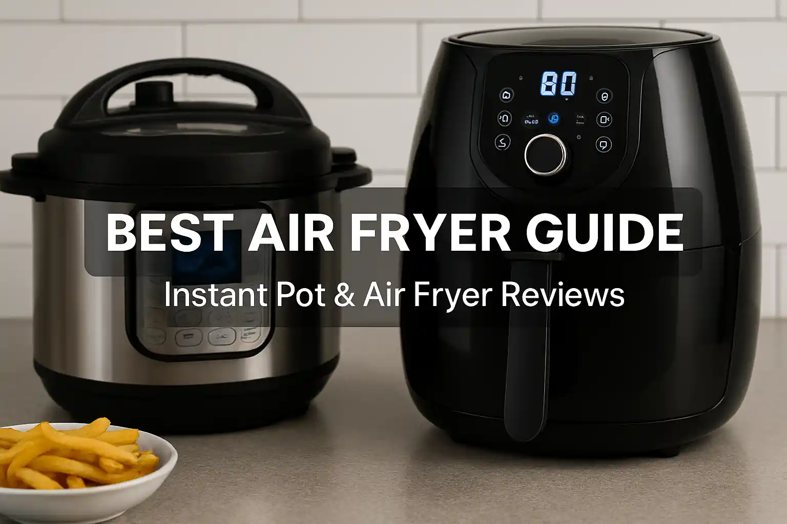 Modern kitchen countertop featuring a black air fryer and stainless steel Instant Pot with digital controls, alongside a bowl of crispy French fries — ideal for air fryer comparison and review content.