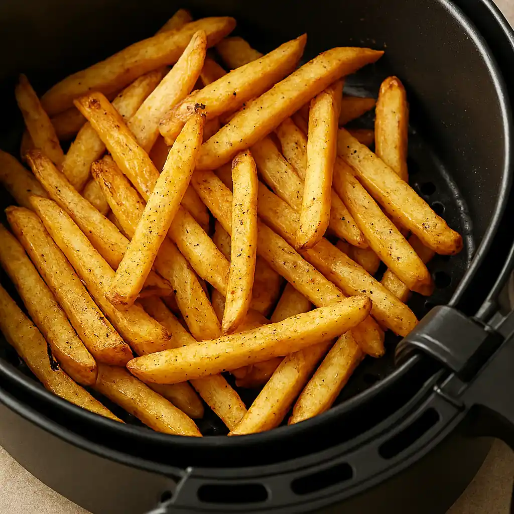 Golden hand-cut French fries seasoned with salt and pepper, freshly cooked in a black basket-style air fryer with crisp edges and a glistening finish.