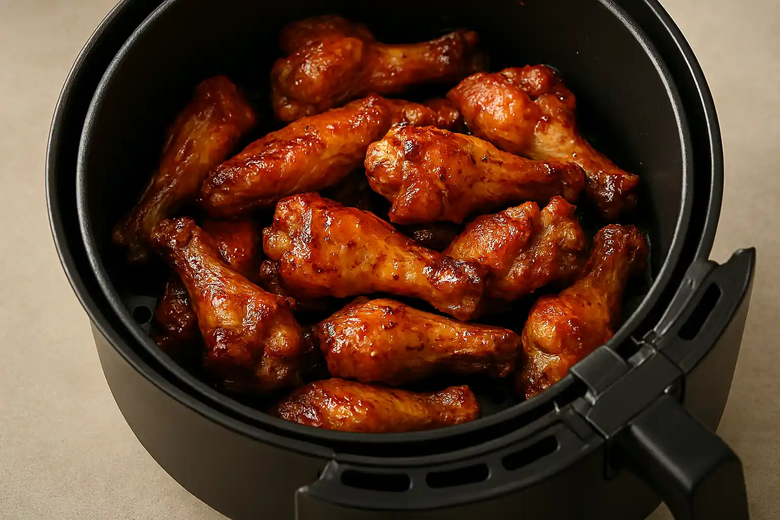 Crispy golden chicken wings fresh from a basket-style air fryer, served on a rustic wooden platter with buffalo and honey garlic sauces on the side.