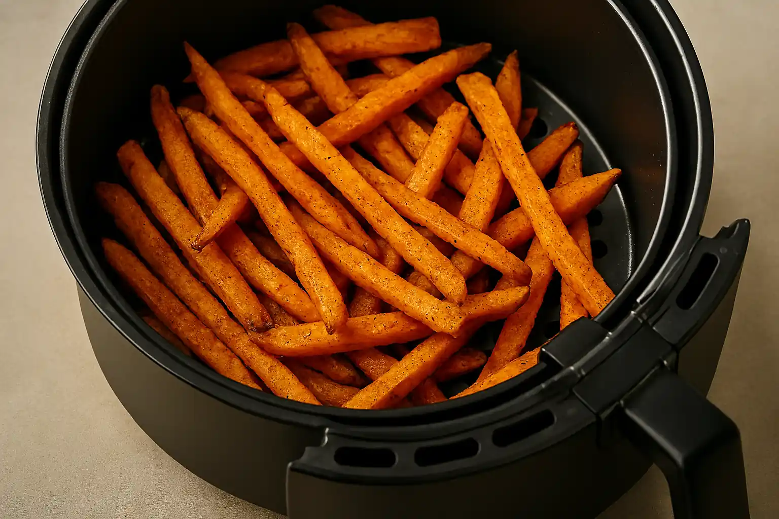 Crispy air-fried sweet potato fries seasoned with paprika and salt, arranged in a black air fryer basket on a stone countertop.