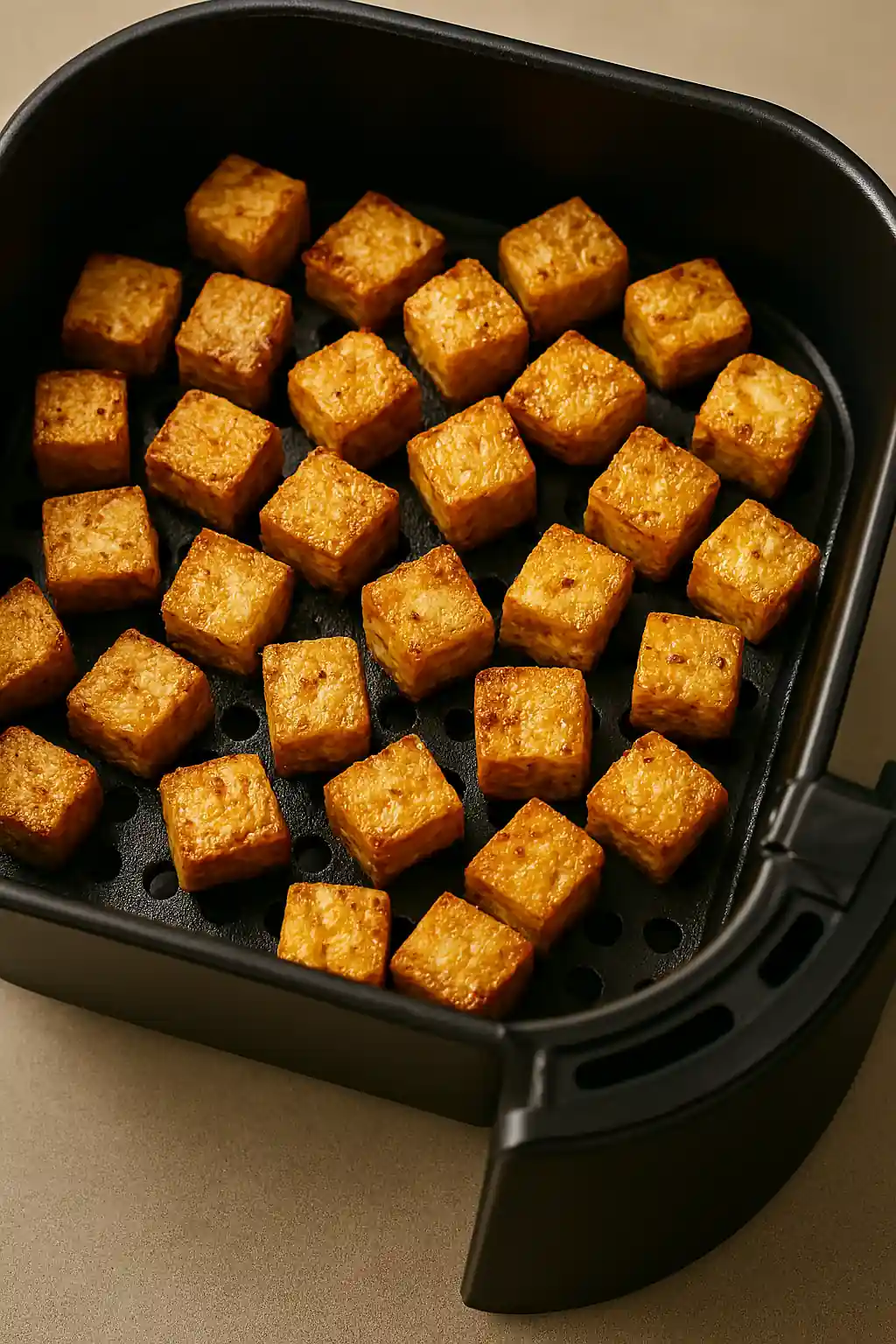 Golden-brown crispy tofu cubes in an air fryer basket, seasoned and cooked to perfection, ready to serve with dipping sauce or salad.