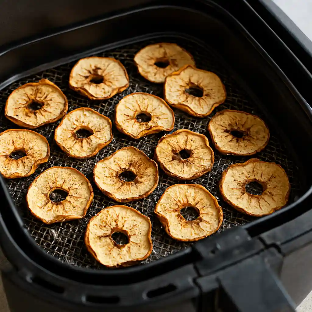 Thinly sliced apple chips arranged on an air fryer crisper tray, golden and crispy with hints of cinnamon, ready after dehydration.