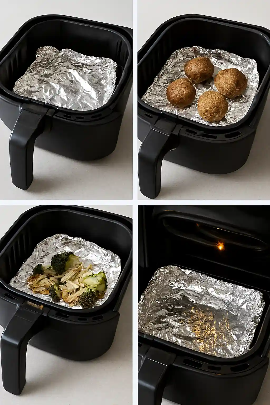 Realistic visual guide showing four common aluminum foil issues in air fryers: unsecured foil blowing around, blocked airflow causing uneven cooking, metallic taste from acidic foods, and sparks from foil touching heating element.