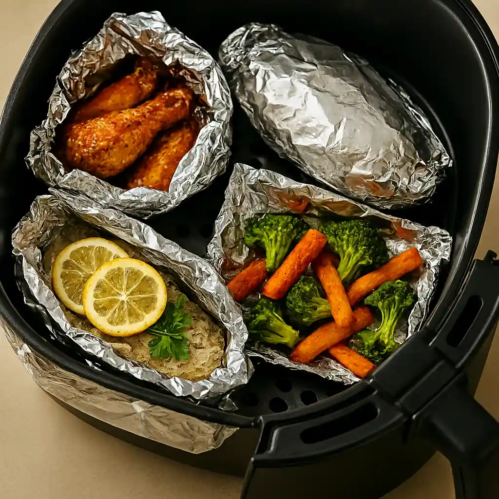 Foil-wrapped chicken wings, baked potato, fish fillet with lemon and herbs, and roasted vegetables inside an air fryer basket.