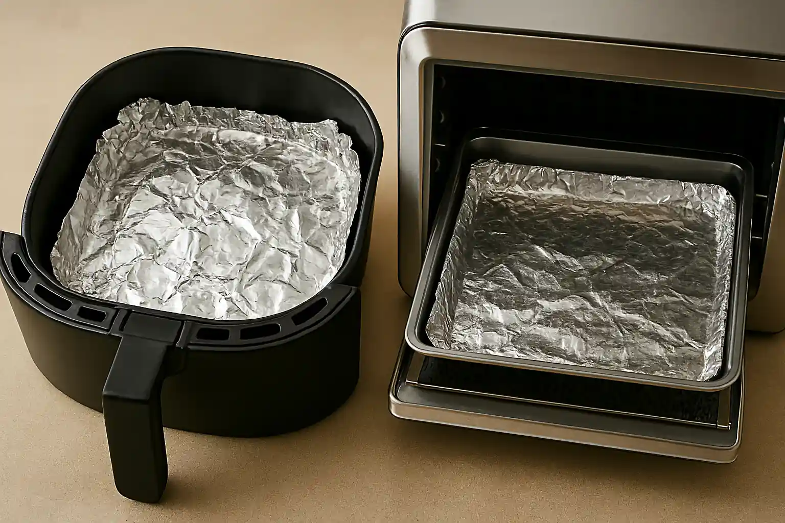 Aluminum foil lining in basket-style air fryer and air fryer oven, demonstrating safe placement for optimal airflow and batch cooking