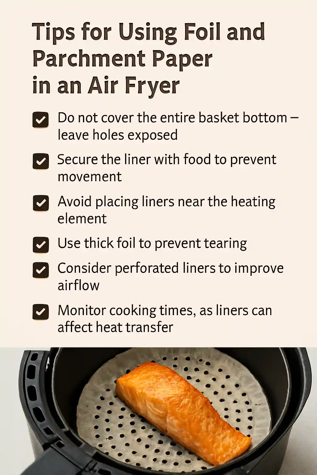 Air fryer basket with perforated parchment paper and cooked salmon, demonstrating safe liner placement and airflow tips.