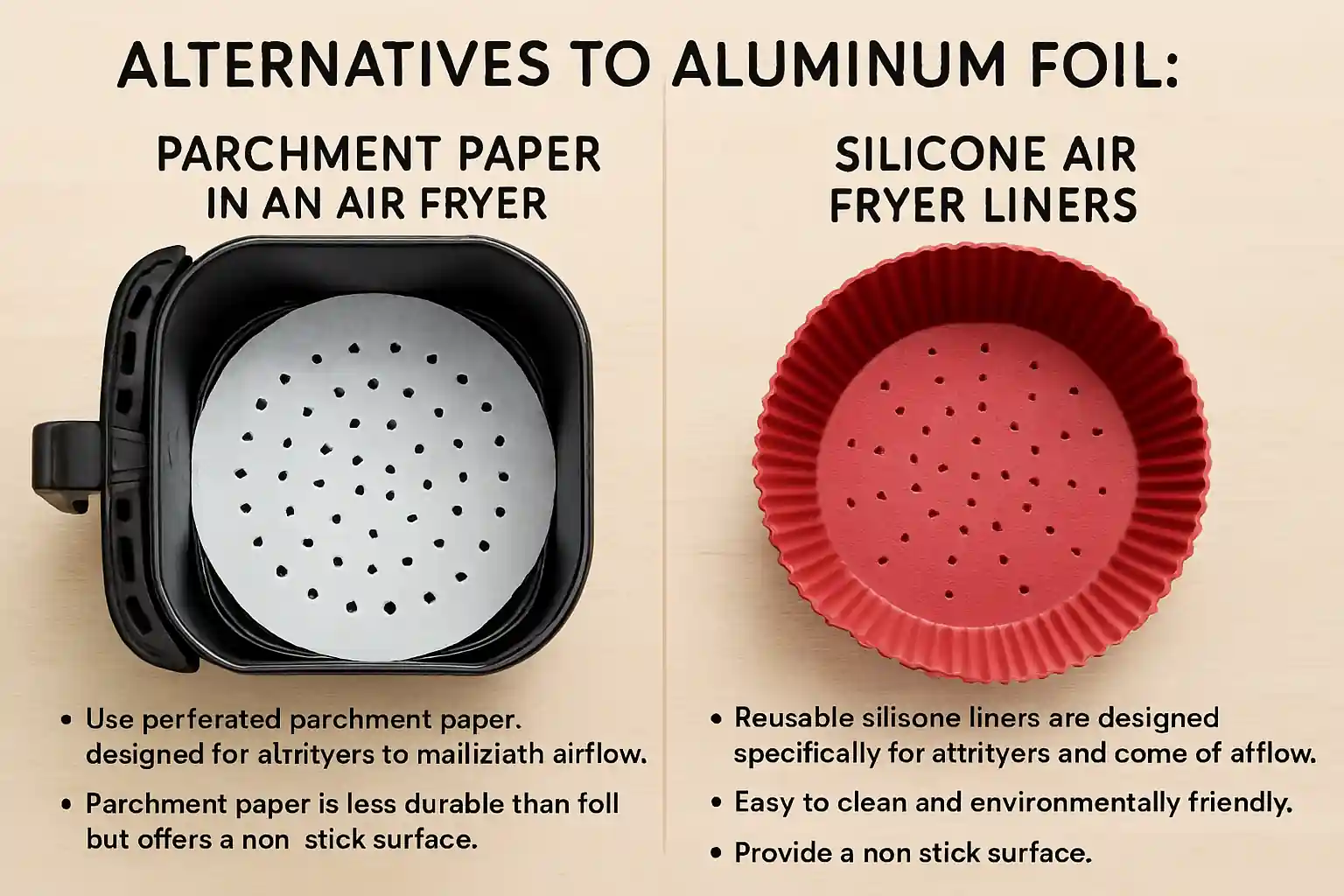 Realistic comparison of parchment paper and silicone liners used as air fryer alternatives. Shows perforated parchment paper inside an air fryer basket and a reusable red silicone liner with airflow holes, highlighting non-stick and food-safe features.