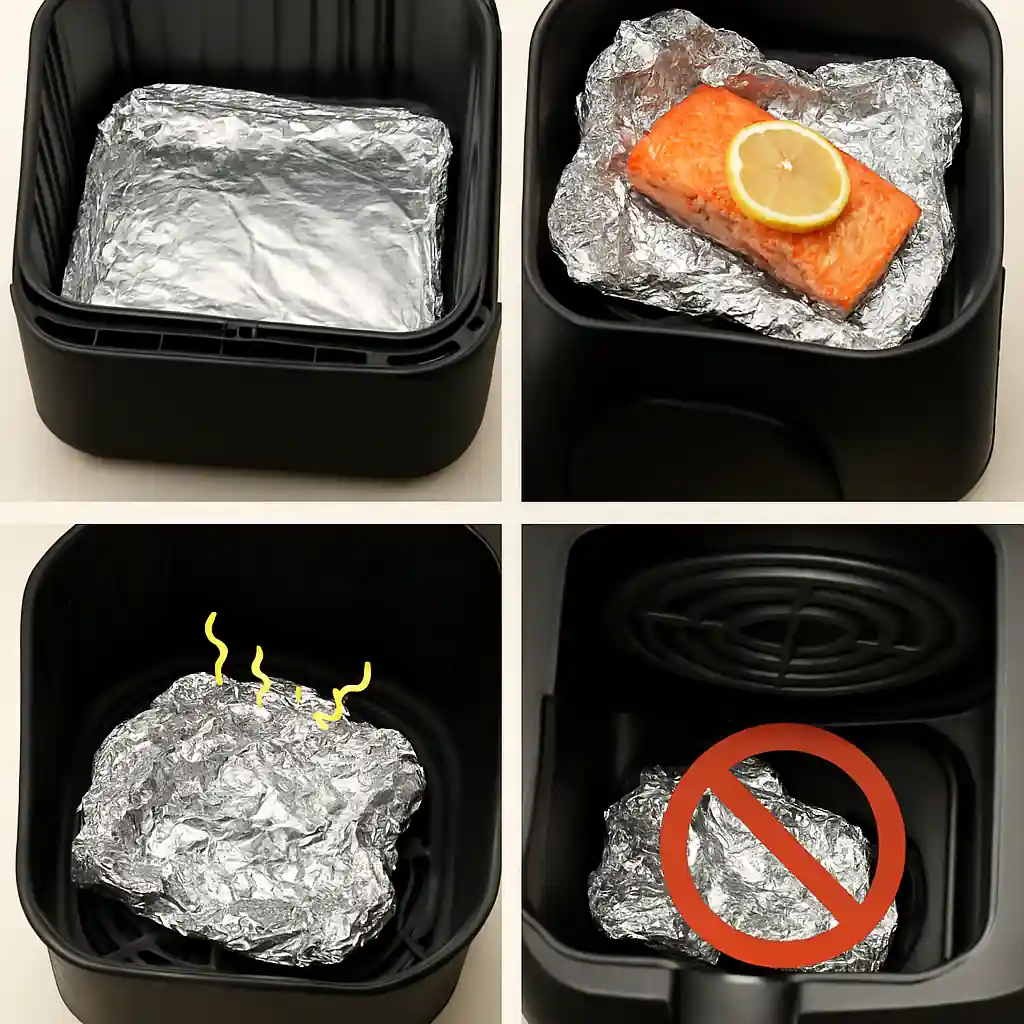 Four visual examples of common mistakes when using aluminum foil in air fryers, including blocked airflow, contact with acidic foods, loose foil near heating elements, and foil covering air vents.