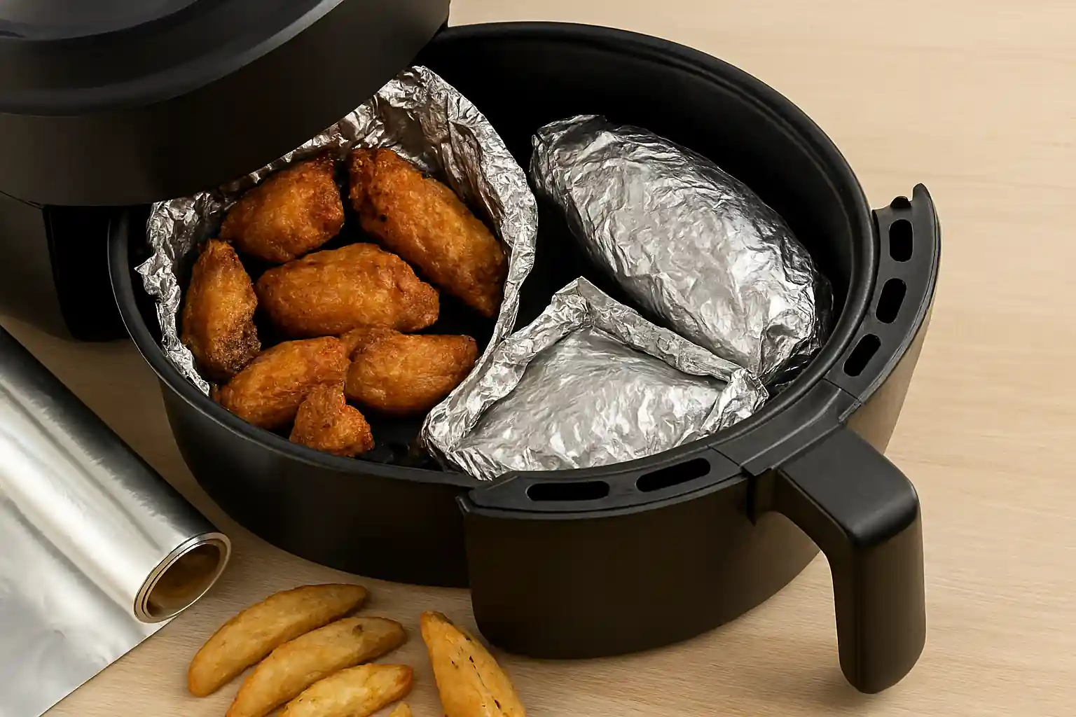 Air fryer basket lined with aluminum foil containing crispy chicken wings and a foil-wrapped food item, with potato wedges and a foil roll on a wooden countertop